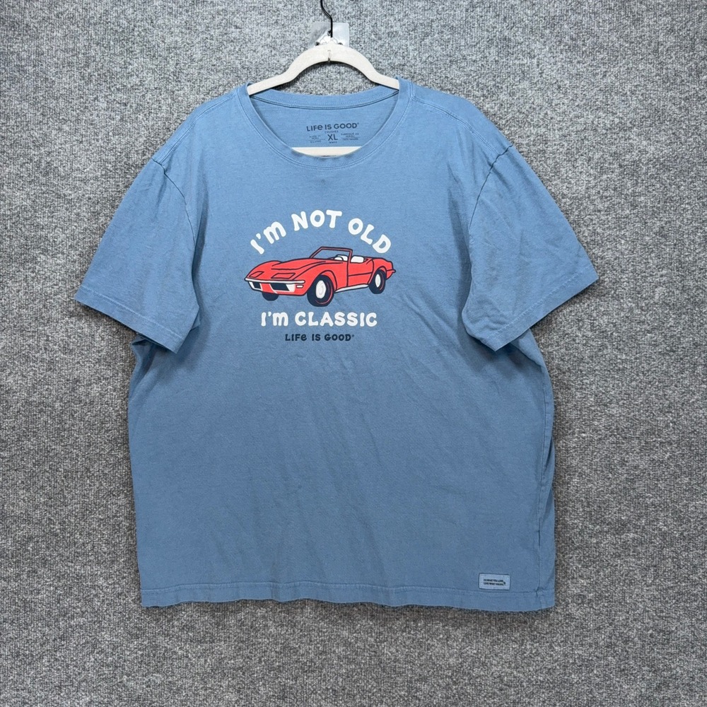 Life is Good Tshirt Mens XL Blue Classic Car Graphic Funny Casual Crusher Tee